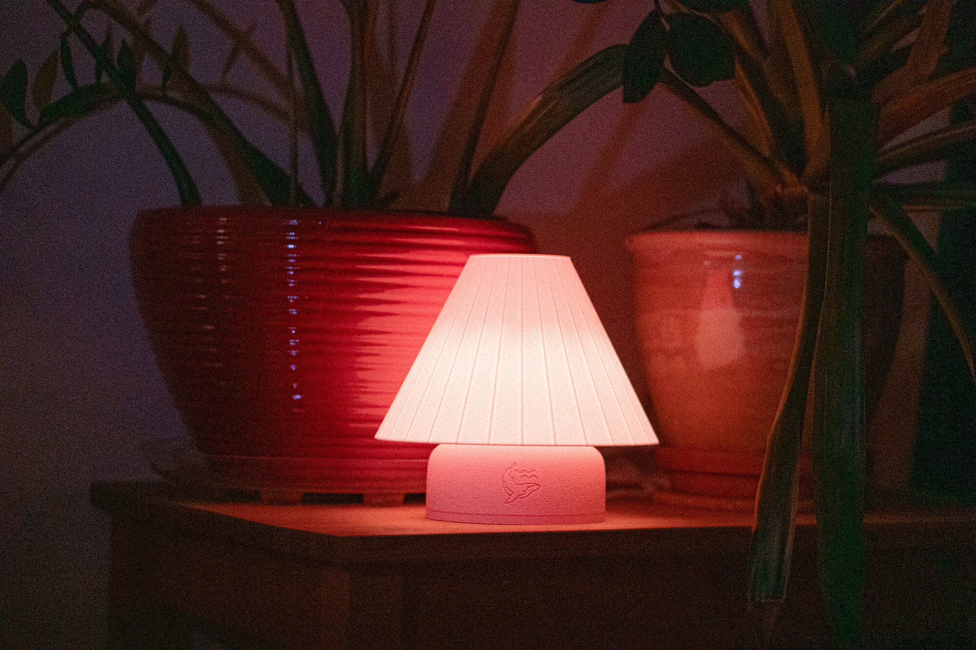 Lampe rose plissée entourée de plantes